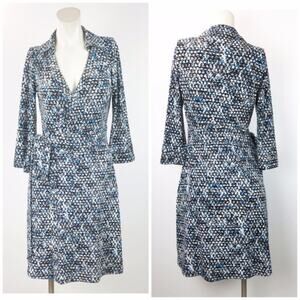 Ann Taylor 2 Womens Blue Black Print Long Sleeve Wrap Dress